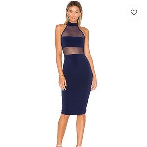 Nookie Navy Mesh Halter Midi Dress | Sheer Panel Cocktail Dress | XS